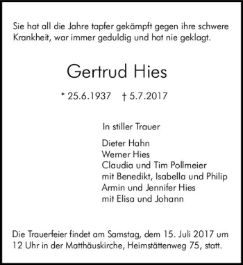 Traueranzeige von Gertrud Hies von Trauerportal Echo Online