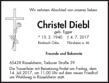 Traueranzeige von Christel Diebl von Trauerportal Echo Online