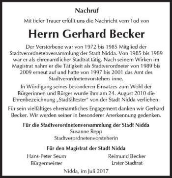 Traueranzeige von Gerhard Becker von  Kreisanzeiger