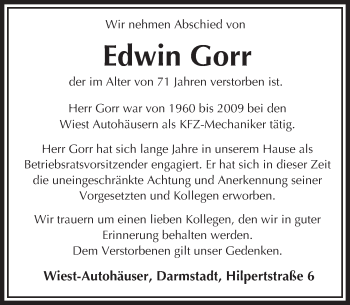 Traueranzeige von Edwin Gorr von Trauerportal Echo Online