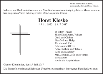 Traueranzeige von Horst Kloske von  Gießener Anzeiger