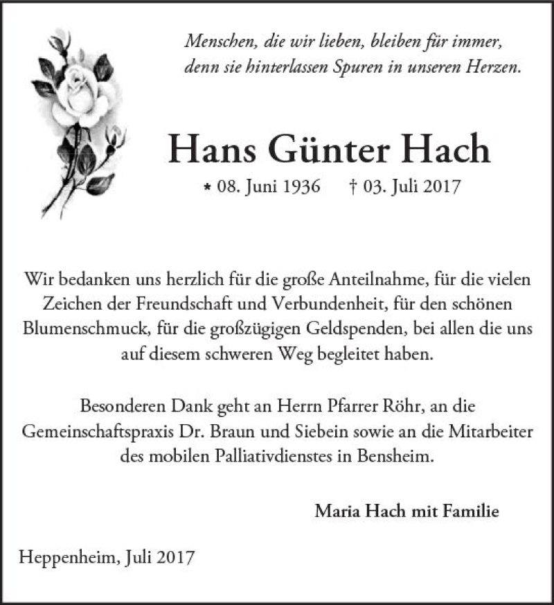  Traueranzeige für Hans Günter Hach vom 21.07.2017 aus Trauerportal Echo Online
