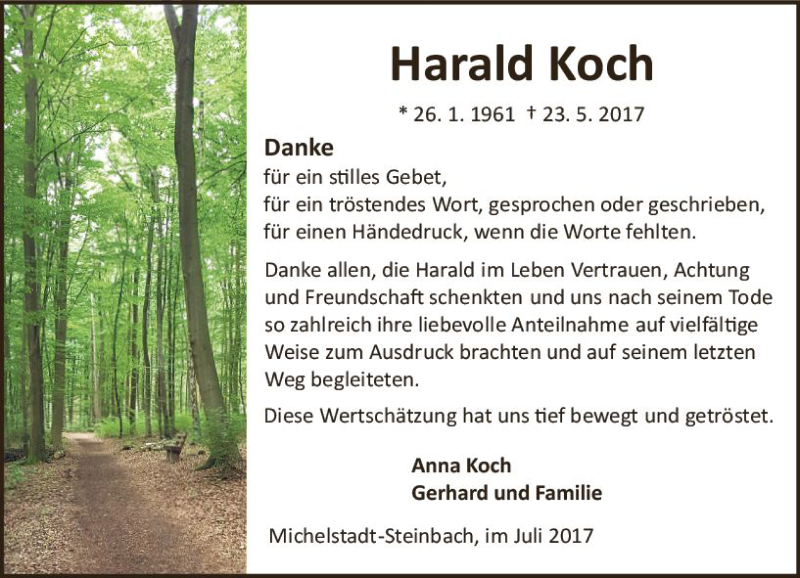  Traueranzeige für Harald Koch vom 22.07.2017 aus Trauerportal Echo Online