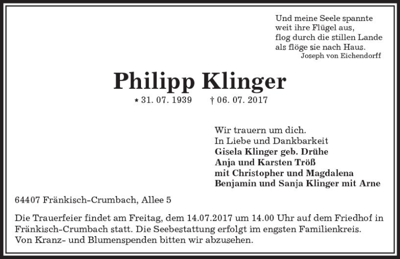  Traueranzeige für Philipp Klinger vom 12.07.2017 aus Trauerportal Echo Online