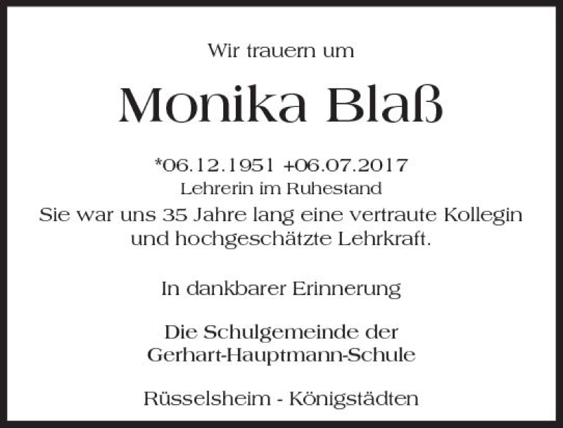  Traueranzeige für Monika Blaß vom 12.07.2017 aus Trauerportal Rhein Main Presse