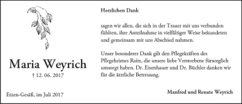 Traueranzeige von Maria Weyrich von Trauerportal Echo Online