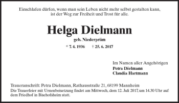 Traueranzeige von Helga Dielmann von Trauerportal Rhein Main Presse