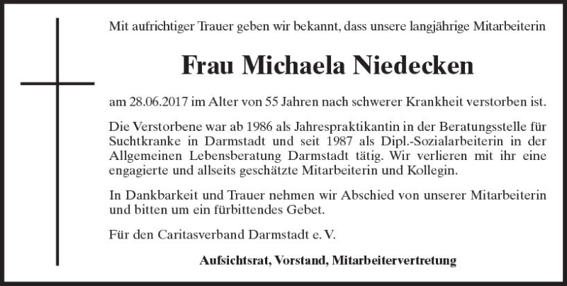  Traueranzeige für Michaela Niedecken vom 05.07.2017 aus Trauerportal Echo Online