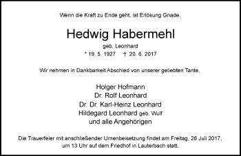 Traueranzeige von Hedwig Habermehl von VRM Trauer