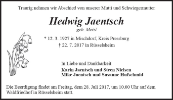 Traueranzeige von Hedwig Jaentsch von Trauerportal Rhein Main Presse