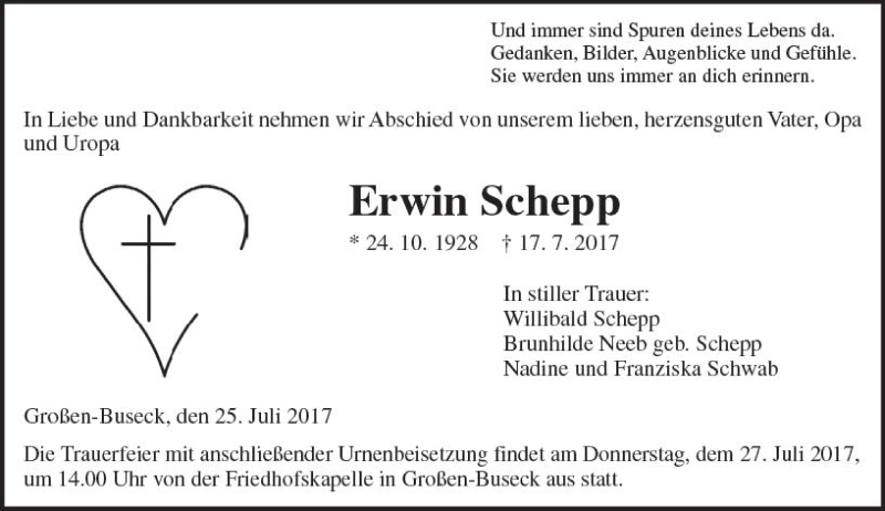  Traueranzeige für Erwin Schepp vom 25.07.2017 aus  Gießener Anzeiger