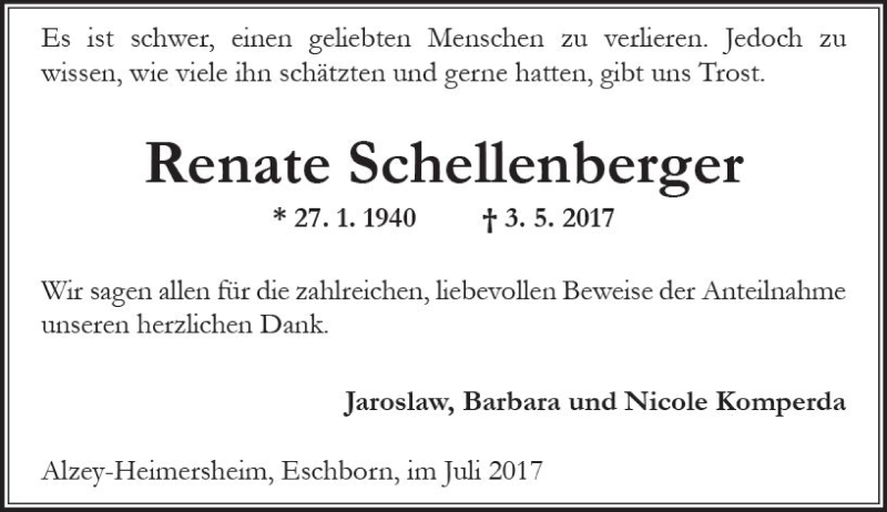  Traueranzeige für Renate Schellenberger vom 18.07.2017 aus Trauerportal Rhein Main Presse