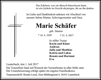 Traueranzeige von Marie Schäfer von VRM Trauer