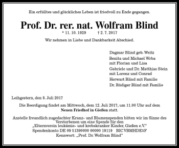 Traueranzeige von Wolfram Blind von  Gießener Anzeiger