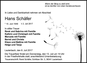 Traueranzeige von Hans Schäfer von VRM Trauer