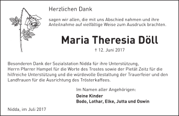 Traueranzeige von Maria Theresia Döll von  Kreisanzeiger