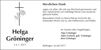 Traueranzeige von Helga Gröninger von  Kreisanzeiger