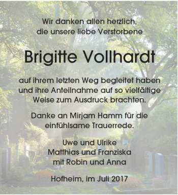 Traueranzeige von Brigitte Vollhardt von Trauerportal Echo Online