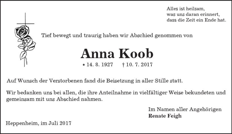  Traueranzeige für Anna Koob vom 22.07.2017 aus Trauerportal Echo Online