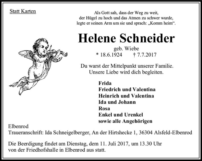  Traueranzeige für Helene Schneider vom 10.07.2017 aus VRM Trauer
