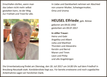 Traueranzeige von Elfriede Heusel von Trauerportal Echo Online