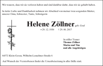 Traueranzeige von Helene Zöllner von Trauerportal Echo Online