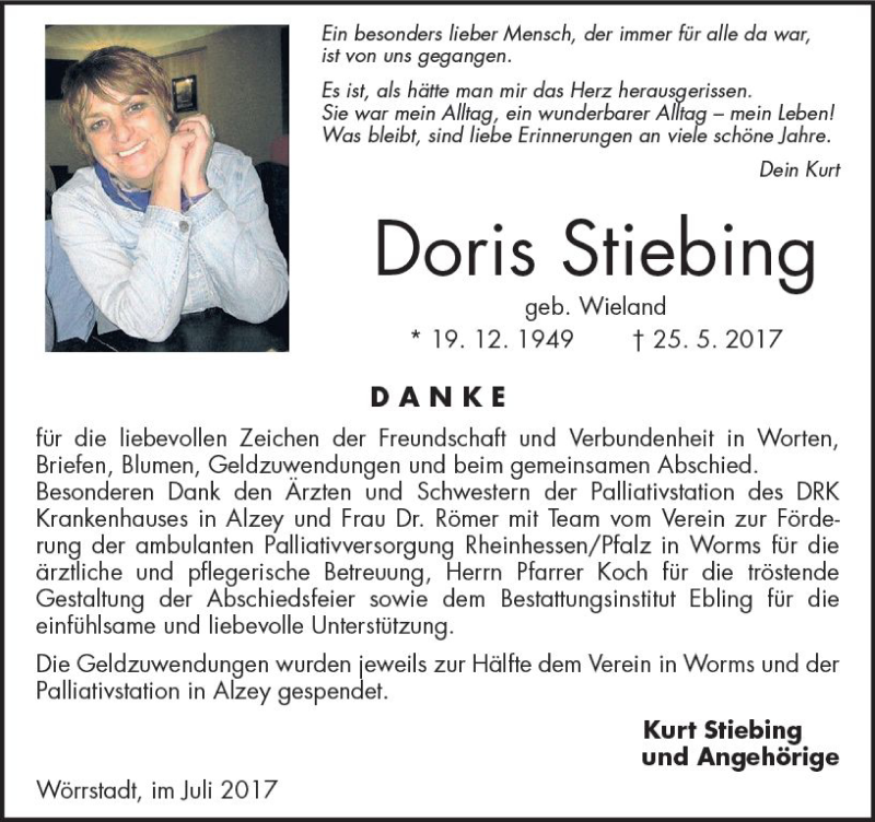  Traueranzeige für Doris Stiebing vom 13.07.2017 aus Trauerportal Rhein Main Presse