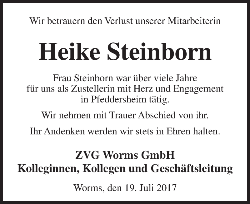  Traueranzeige für Heike Steinborn vom 19.07.2017 aus Trauerportal Rhein Main Presse