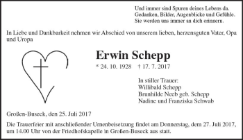 Traueranzeige von Erwin Schepp von  Gießener Anzeiger