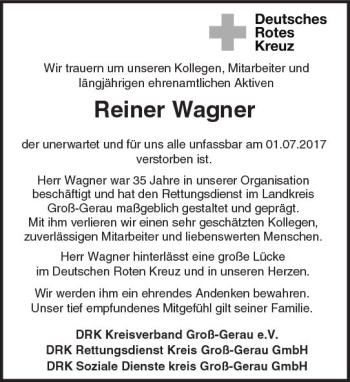 Traueranzeige von Reiner Wagner von Trauerportal Echo Online