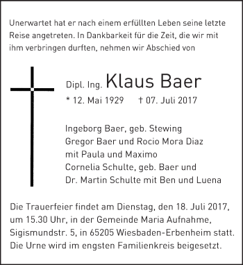 Traueranzeige von Klaus Baer von Trauerportal Rhein Main Presse