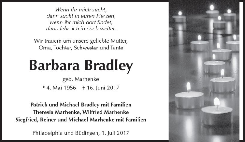  Traueranzeige für Barbara Bradley vom 01.07.2017 aus  Kreisanzeiger