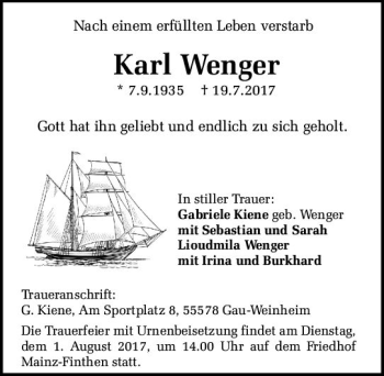 Traueranzeige von Karl Wenger von Trauerportal Rhein Main Presse