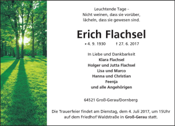 Traueranzeige von Erich Flachsel von Trauerportal Echo Online