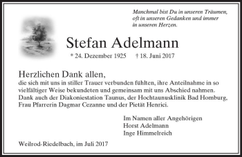 Traueranzeige von Stefan Adelmann von  Usinger Anzeiger