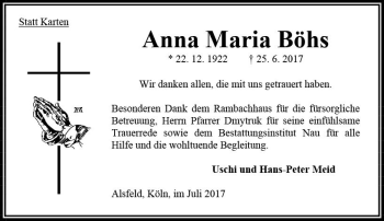 Traueranzeige von Anna Maria Böhs von VRM Trauer