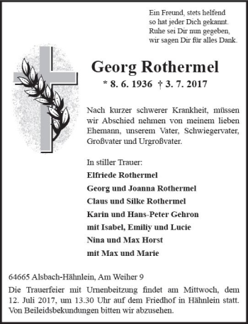 Traueranzeige von Georg Rothermel von Trauerportal Echo Online