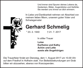 Traueranzeige von Gerhard Schmelig von Trauerportal Echo Online