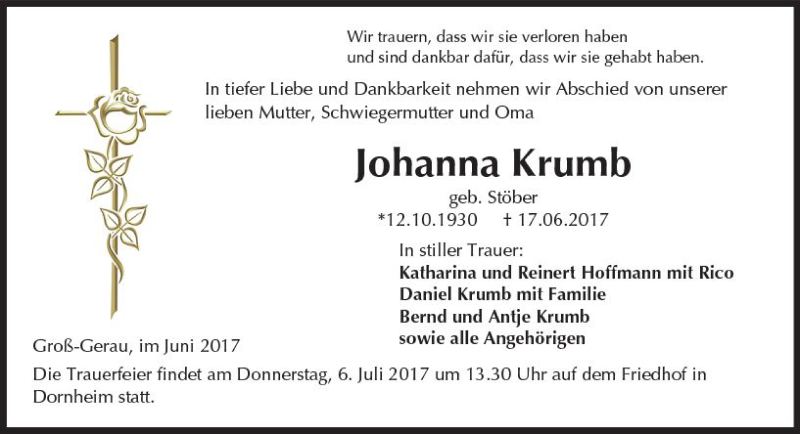  Traueranzeige für Johanna Krumb vom 01.07.2017 aus Trauerportal Echo Online
