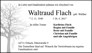 Traueranzeige von Waltraud Flach von Trauerportal Echo Online