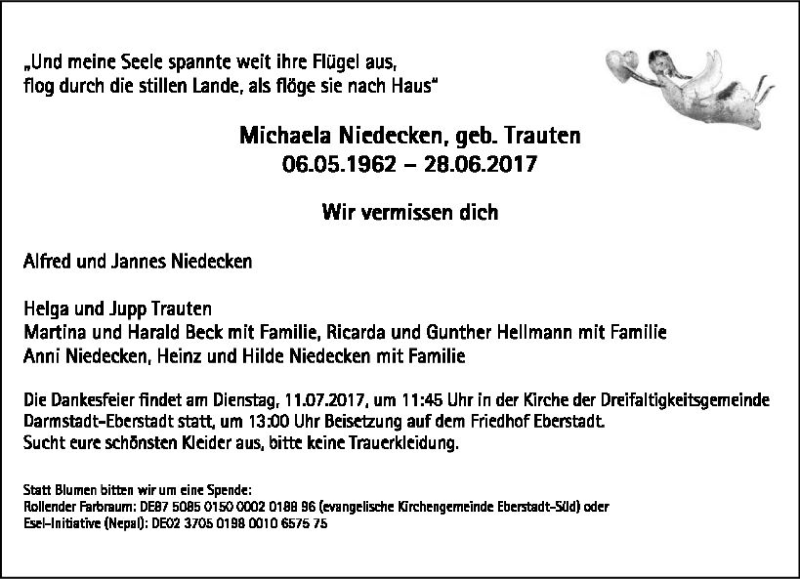  Traueranzeige für Michaela Niedecken vom 08.07.2017 aus Trauerportal Echo Online
