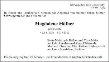 Traueranzeige von Magdalene Höfner von  Gießener Anzeiger