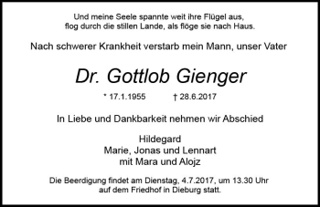 Traueranzeige von Gottlob Gienger von Trauerportal Echo Online