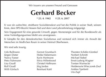 Traueranzeige von Gerhard Becker von  Kreisanzeiger