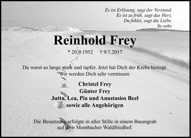  Traueranzeige für Reinhold Frey vom 20.07.2017 aus Trauerportal Rhein Main Presse