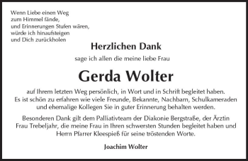 Traueranzeige von Gerda Wolter von Trauerportal Echo Online