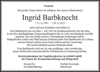 Traueranzeige von Ingrid Barbknecht von VRM Trauer