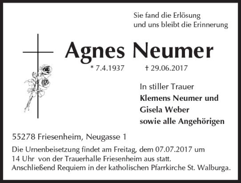  Traueranzeige für Agnes Neumer vom 05.07.2017 aus Trauerportal Rhein Main Presse
