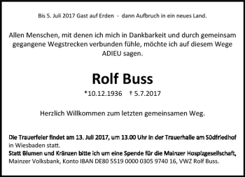 Traueranzeige von Rolf Buss von Trauerportal Rhein Main Presse
