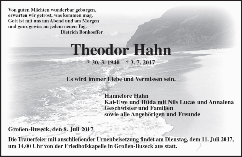  Traueranzeige für Theodor Hahn vom 08.07.2017 aus  Gießener Anzeiger